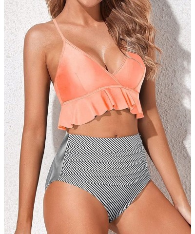 Women Two Piece Swimsuits High Waisted Bikini Set Ruffle Flounce Tummy Control Bottoms Bathing Suit Pink Striped $15.48 Swims...