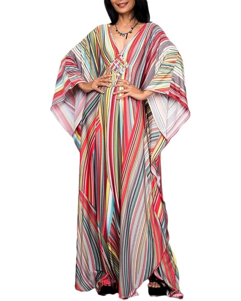 Women Ethnic Print Kaftan Beach Dress Plus Size Swimsuit Cover Up Rainbow Stripe $18.35 Swimsuits