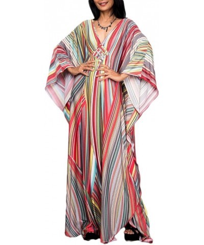 Women Ethnic Print Kaftan Beach Dress Plus Size Swimsuit Cover Up Rainbow Stripe $18.35 Swimsuits