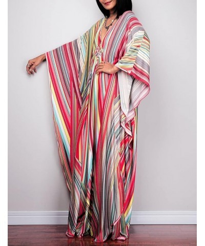 Women Ethnic Print Kaftan Beach Dress Plus Size Swimsuit Cover Up Rainbow Stripe $18.35 Swimsuits