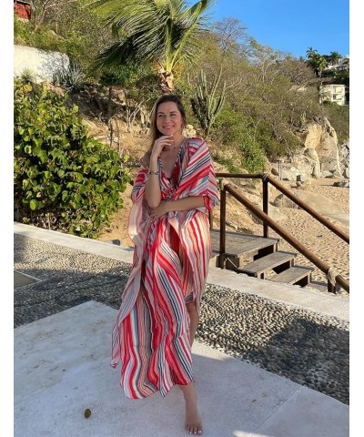 Women Ethnic Print Kaftan Beach Dress Plus Size Swimsuit Cover Up Rainbow Stripe $18.35 Swimsuits