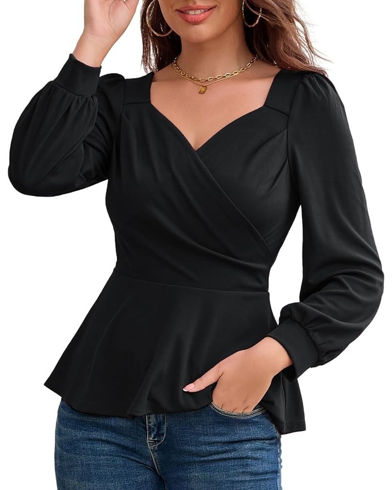 2024 Womens Summer Tops Elegant Peplum Top Wrap V Neck Puff Short Sleeve Shirts Tops Blouse Black-044 $12.52 Blouses