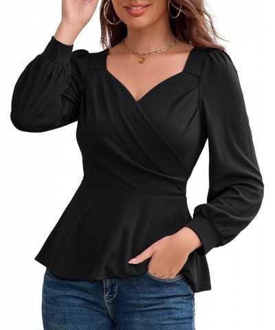 2024 Womens Summer Tops Elegant Peplum Top Wrap V Neck Puff Short Sleeve Shirts Tops Blouse Black-044 $12.52 Blouses