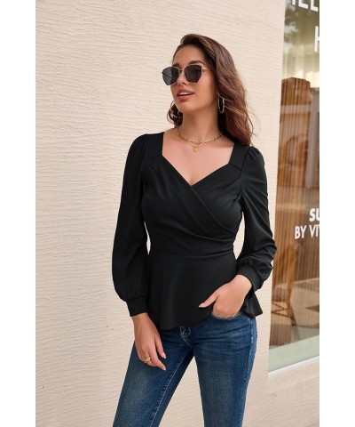 2024 Womens Summer Tops Elegant Peplum Top Wrap V Neck Puff Short Sleeve Shirts Tops Blouse Black-044 $12.52 Blouses