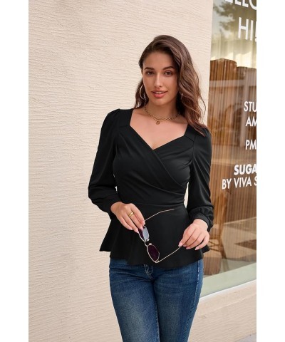 2024 Womens Summer Tops Elegant Peplum Top Wrap V Neck Puff Short Sleeve Shirts Tops Blouse Black-044 $12.52 Blouses