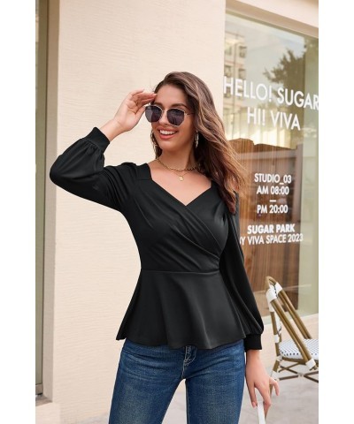 2024 Womens Summer Tops Elegant Peplum Top Wrap V Neck Puff Short Sleeve Shirts Tops Blouse Black-044 $12.52 Blouses