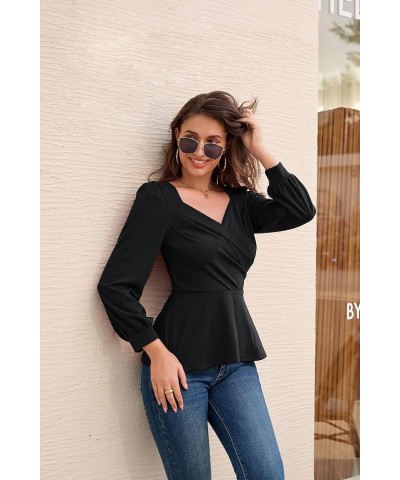 2024 Womens Summer Tops Elegant Peplum Top Wrap V Neck Puff Short Sleeve Shirts Tops Blouse Black-044 $12.52 Blouses