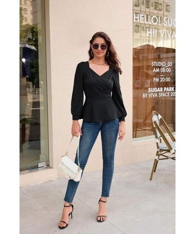 2024 Womens Summer Tops Elegant Peplum Top Wrap V Neck Puff Short Sleeve Shirts Tops Blouse Black-044 $12.52 Blouses