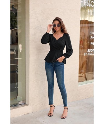 2024 Womens Summer Tops Elegant Peplum Top Wrap V Neck Puff Short Sleeve Shirts Tops Blouse Black-044 $12.52 Blouses