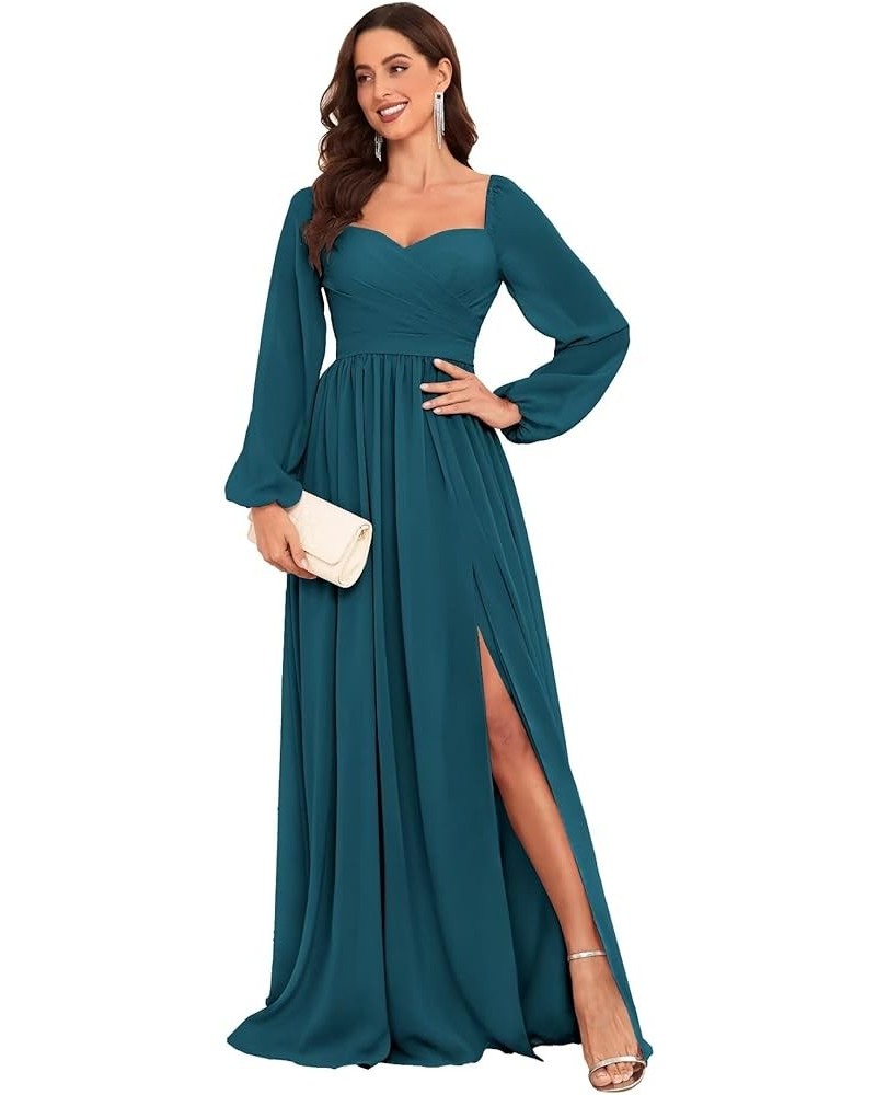 Long Sleeve Chiffon Bridesmaid Dresses for Wedding Sweetheart Formal Evening Gowns with Slit Peacock $22.55 Dresses