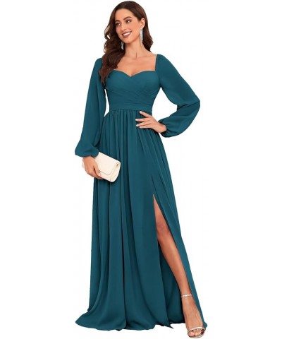 Long Sleeve Chiffon Bridesmaid Dresses for Wedding Sweetheart Formal Evening Gowns with Slit Peacock $22.55 Dresses