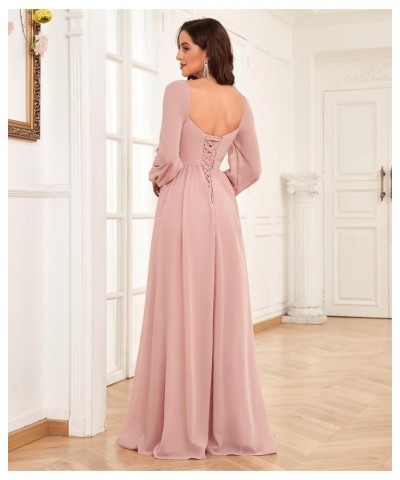 Long Sleeve Chiffon Bridesmaid Dresses for Wedding Sweetheart Formal Evening Gowns with Slit Peacock $22.55 Dresses