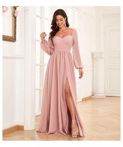 Long Sleeve Chiffon Bridesmaid Dresses for Wedding Sweetheart Formal Evening Gowns with Slit Peacock $22.55 Dresses