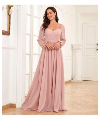 Long Sleeve Chiffon Bridesmaid Dresses for Wedding Sweetheart Formal Evening Gowns with Slit Peacock $22.55 Dresses