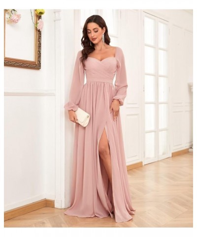 Long Sleeve Chiffon Bridesmaid Dresses for Wedding Sweetheart Formal Evening Gowns with Slit Peacock $22.55 Dresses