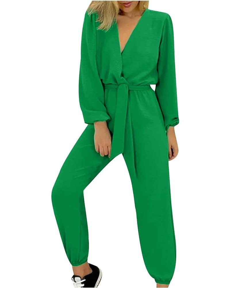 Women's Summer Casual Wrap Deep V Neck Long Sleeve Jumpsuits High Waist Belted Cinch Bottom Pants Jumpsuit Rompers Green $13....