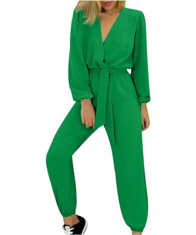 Women's Summer Casual Wrap Deep V Neck Long Sleeve Jumpsuits High Waist Belted Cinch Bottom Pants Jumpsuit Rompers Green $13....