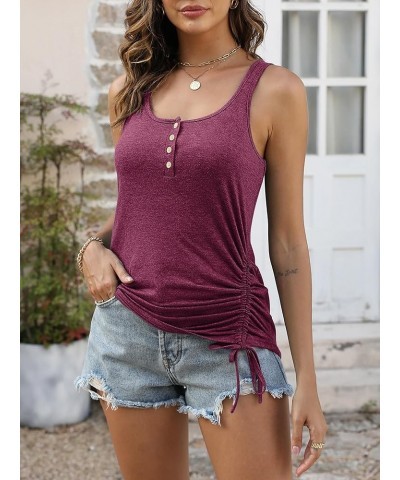 Women Scoop Neck Button Tank Top Sleeveless Ruched Drawstring Side T Shirt 2024 Purple $11.00 Tanks