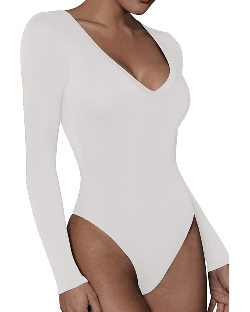 Women's Square Neck Long Sleeve Tops Bodysuit Jumpsuit T Shirt Bodysuit Thong Bottom 002-white $9.81 Lingerie