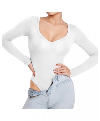 Women's Square Neck Long Sleeve Tops Bodysuit Jumpsuit T Shirt Bodysuit Thong Bottom 002-white $9.81 Lingerie