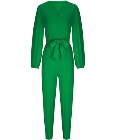 Women's Summer Casual Wrap Deep V Neck Long Sleeve Jumpsuits High Waist Belted Cinch Bottom Pants Jumpsuit Rompers Green $13....