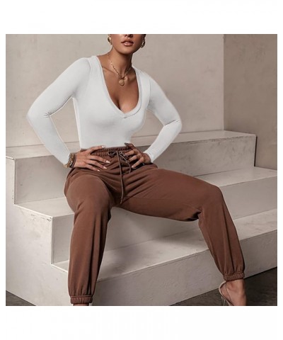 Women's Square Neck Long Sleeve Tops Bodysuit Jumpsuit T Shirt Bodysuit Thong Bottom 002-white $9.81 Lingerie