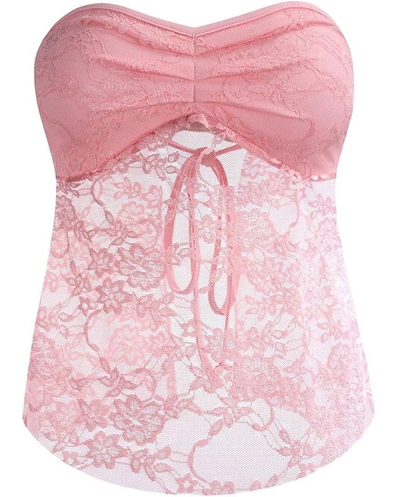 Women's Floral Lace Sheer Strapless Tube Top Tie Back Ruched Party Bandeau Tops Pink $11.00 Tops