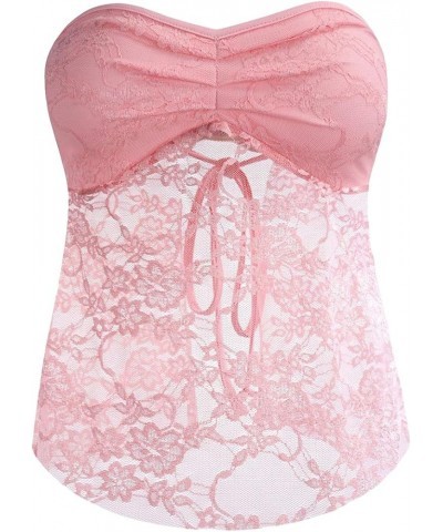 Women's Floral Lace Sheer Strapless Tube Top Tie Back Ruched Party Bandeau Tops Pink $11.00 Tops