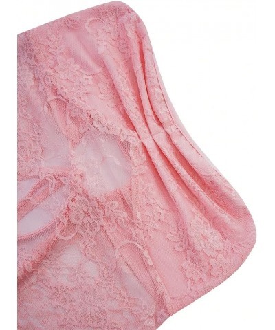 Women's Floral Lace Sheer Strapless Tube Top Tie Back Ruched Party Bandeau Tops Pink $11.00 Tops