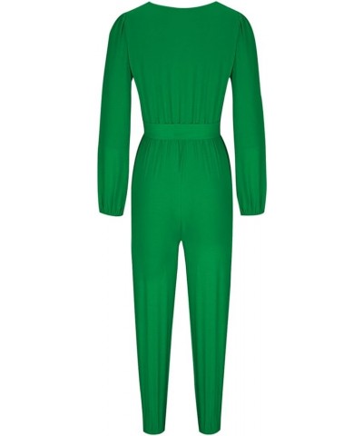 Women's Summer Casual Wrap Deep V Neck Long Sleeve Jumpsuits High Waist Belted Cinch Bottom Pants Jumpsuit Rompers Green $13....