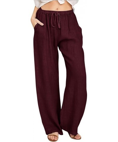 Women's Casual Wide Leg Elastic Waist Loose Lightweight Summer Linen Beach Pants Drawstring Wine Red $14.94 Pants