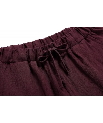 Women's Casual Wide Leg Elastic Waist Loose Lightweight Summer Linen Beach Pants Drawstring Wine Red $14.94 Pants