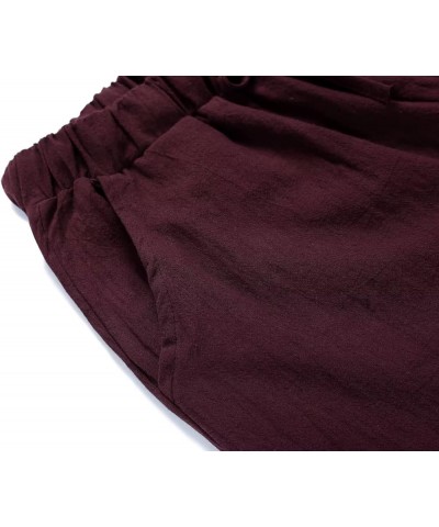 Women's Casual Wide Leg Elastic Waist Loose Lightweight Summer Linen Beach Pants Drawstring Wine Red $14.94 Pants