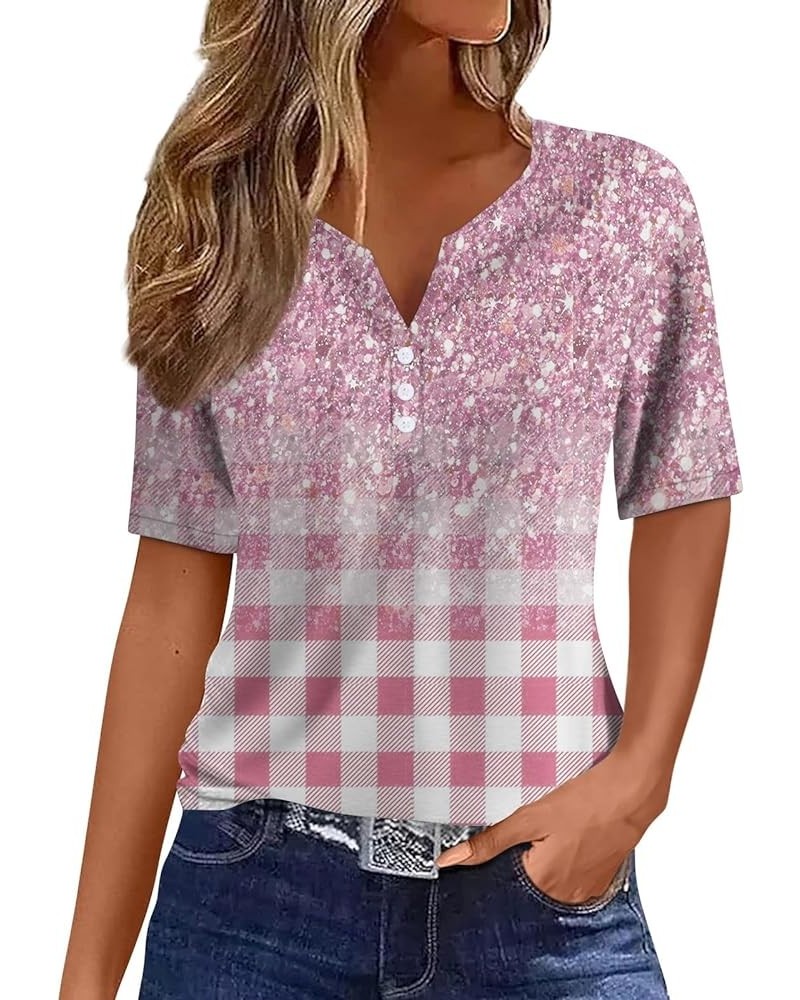 Sparkly Tops for Women,U Neck Elbow Sleeve Classic Fit Shirt Applique Checkered Corset Trendy Tops for Women 4-light Pink $7....