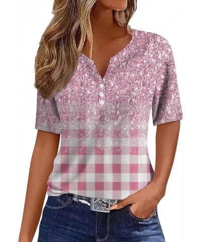 Sparkly Tops for Women,U Neck Elbow Sleeve Classic Fit Shirt Applique Checkered Corset Trendy Tops for Women 4-light Pink $7....