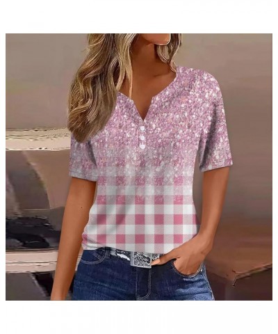 Sparkly Tops for Women,U Neck Elbow Sleeve Classic Fit Shirt Applique Checkered Corset Trendy Tops for Women 4-light Pink $7....