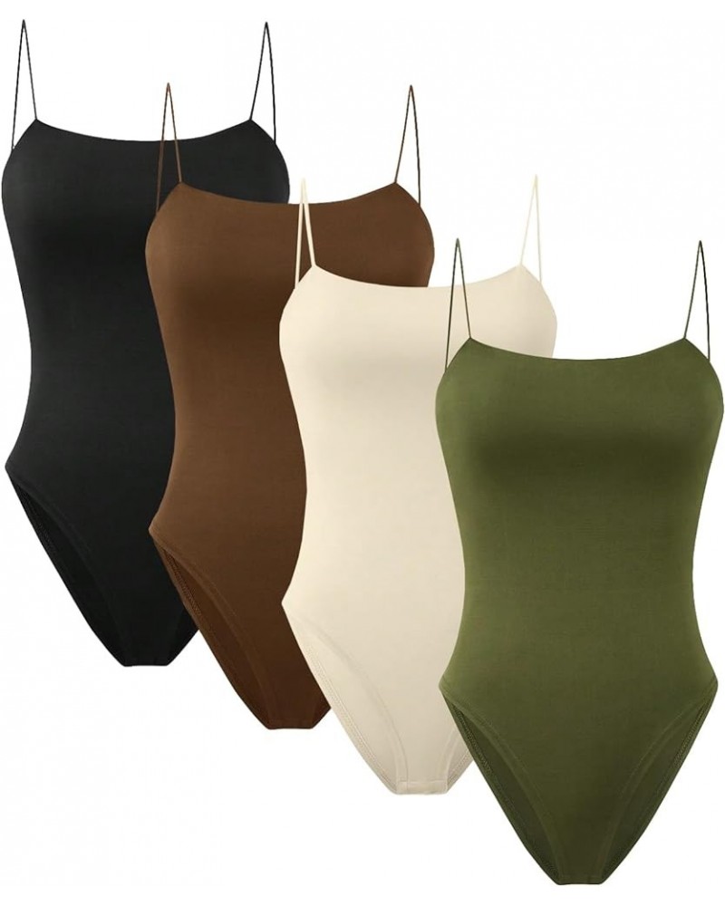 Women's 4 Piece Bodysuit Sleeveless Strappy Tank Tops Rib Knitted Bodysuits Brown Black Beige Green $16.34 Bodysuits