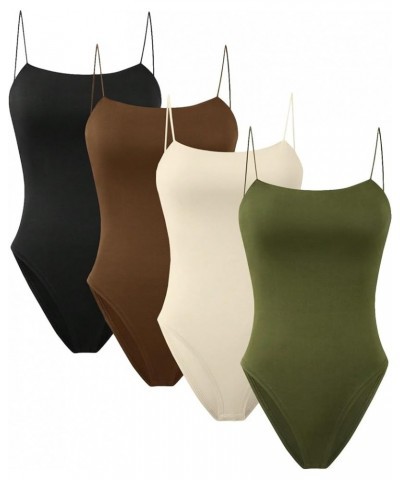 Women's 4 Piece Bodysuit Sleeveless Strappy Tank Tops Rib Knitted Bodysuits Brown Black Beige Green $16.34 Bodysuits