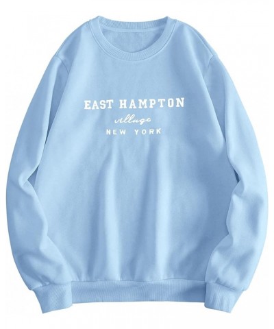 Women's East Hampton Letter Print Graphic Sweatshirt Oversized Drop Shoulder Fleece Teen Girls Pullover Shirt Blue $16.28 Hoo...