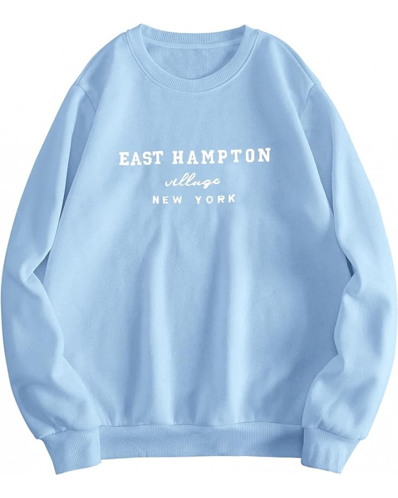 Women's East Hampton Letter Print Graphic Sweatshirt Oversized Drop Shoulder Fleece Teen Girls Pullover Shirt Blue $16.28 Hoo...