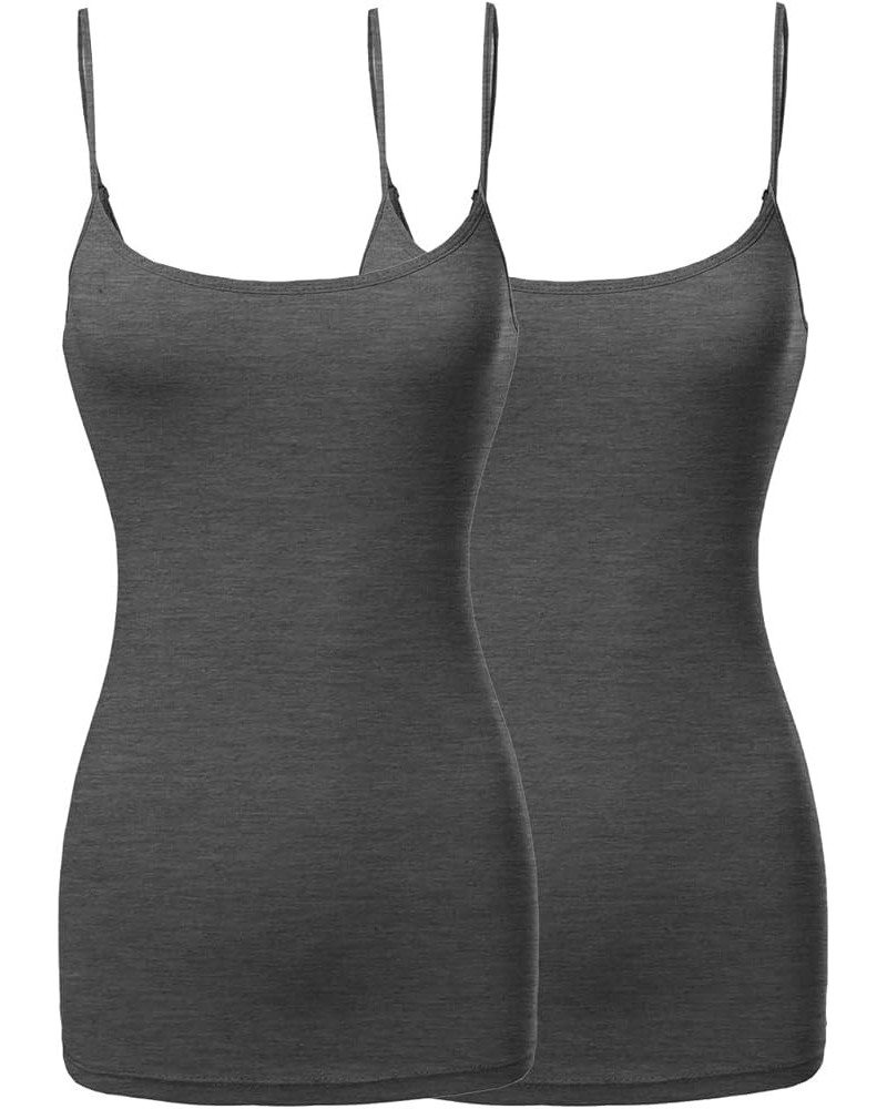 Women's Basic Camisole Long Length Spaghetti Strap Tank Top [2PACK] Fwttk045 Charcoal/Charcoal $9.53 Tanks