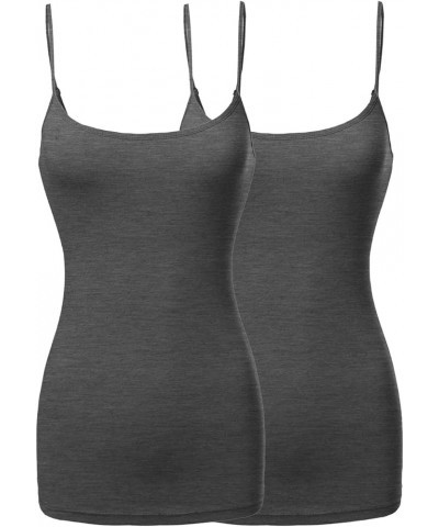 Women's Basic Camisole Long Length Spaghetti Strap Tank Top [2PACK] Fwttk045 Charcoal/Charcoal $9.53 Tanks