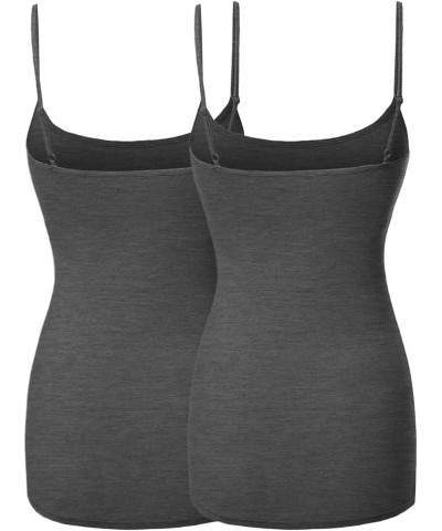 Women's Basic Camisole Long Length Spaghetti Strap Tank Top [2PACK] Fwttk045 Charcoal/Charcoal $9.53 Tanks