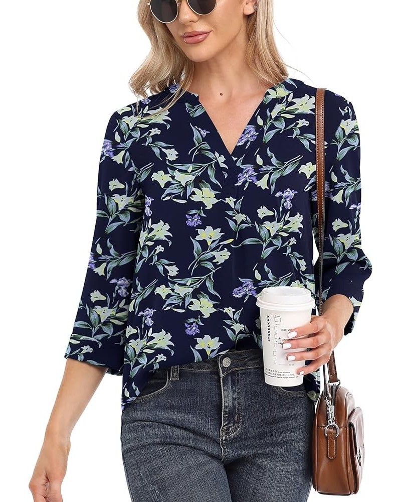 Womens Tops Casual Chiffon Blouses Tops 3/4 Sleeve V Neck Tunic Top Loose Shirt Blue Lily $10.00 Tops