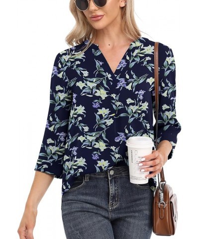 Womens Tops Casual Chiffon Blouses Tops 3/4 Sleeve V Neck Tunic Top Loose Shirt Blue Lily $10.00 Tops