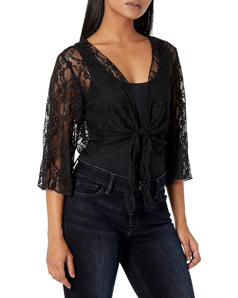 Women's Petite 3/4 Sleeve Stretch Lace Tiefront Shrug Sweater Black $7.28 Sweaters