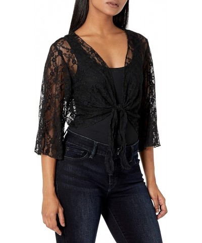 Women's Petite 3/4 Sleeve Stretch Lace Tiefront Shrug Sweater Black $7.28 Sweaters