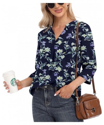 Womens Tops Casual Chiffon Blouses Tops 3/4 Sleeve V Neck Tunic Top Loose Shirt Blue Lily $10.00 Tops