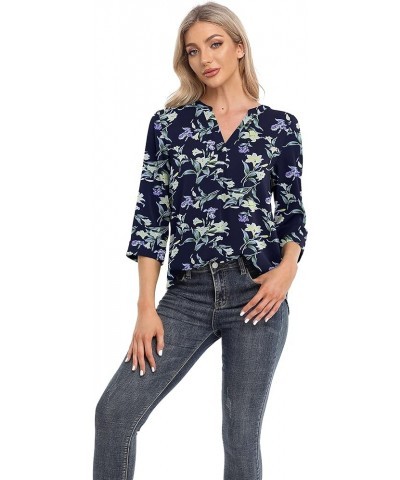 Womens Tops Casual Chiffon Blouses Tops 3/4 Sleeve V Neck Tunic Top Loose Shirt Blue Lily $10.00 Tops