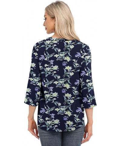 Womens Tops Casual Chiffon Blouses Tops 3/4 Sleeve V Neck Tunic Top Loose Shirt Blue Lily $10.00 Tops